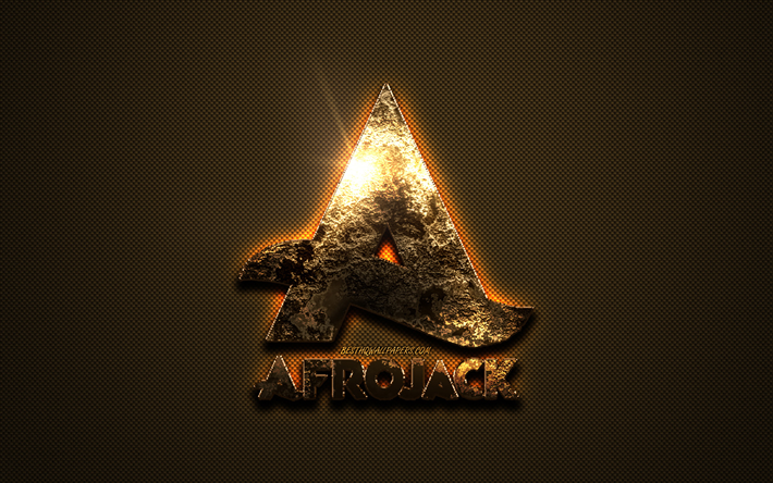 Afrojack gold logo, creative art, gold texture, Dutch DJ, brown carbon fiber texture, Afrojack gold emblem, Afrojack, Nick van de Wall
