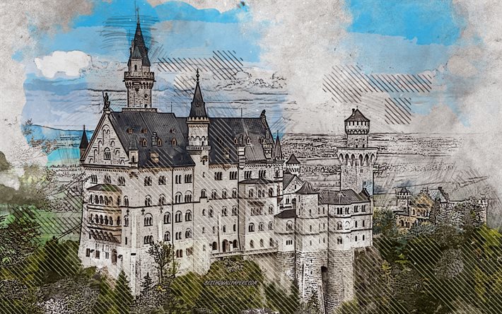 Neuschwansteinin, Schwangau, Baijeri, Saksa, grunge art, kaunis linna, creative art, maalattu Neuschwansteinin, piirustus, Neuschwansteinin grunge, digitaalista taidetta