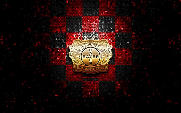 Bayer Leverkusen FC, glitter logo, Bundesliga, red black checkered background, soccer, Bayer 04 Leverkusen, german football club, Bayer Leverkusen logo, mosaic art, football, Germany