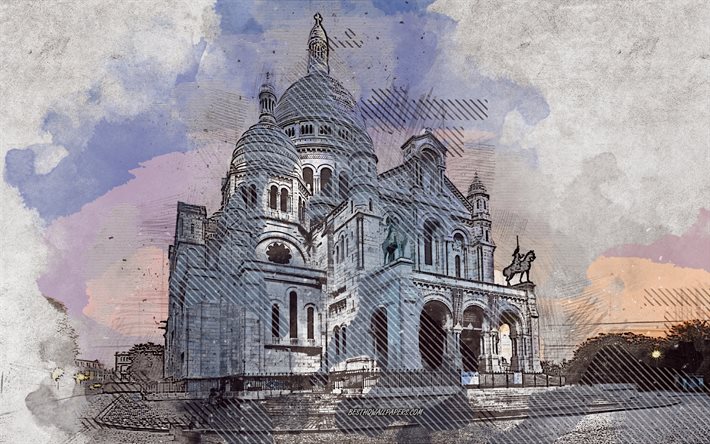Sacre Coeur, Paris, Basilica do Sagrado Cora&#231;&#227;o de Paris, Fran&#231;a, grunge arte, arte criativa, pintado Sacre Coeur, desenho, Sacre Coeur grunge, arte digital