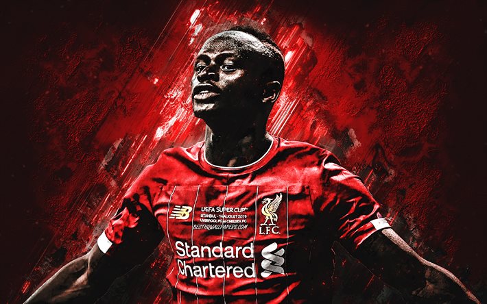Sadio Mane, Liverpool FC, Senegalese football player, midfielder, portrait, red stone background, Premier League, Champions League, England, football