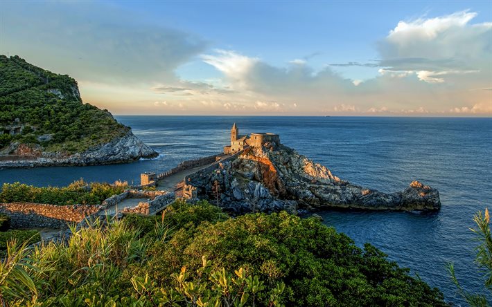 Portovenere, 4k, castello, costa, tramonto, natura, Italia, Liguria, Europa