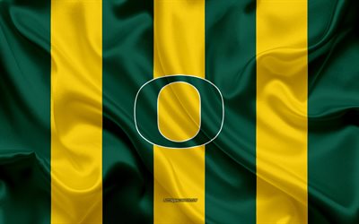 Oregon Ducks, Time de futebol americano, emblema, seda bandeira, verde-amarelo textura de seda, NCAA, Oregon Ducks logotipo, Eugene, Oregon, EUA, Futebol americano, Universidade de Oregon