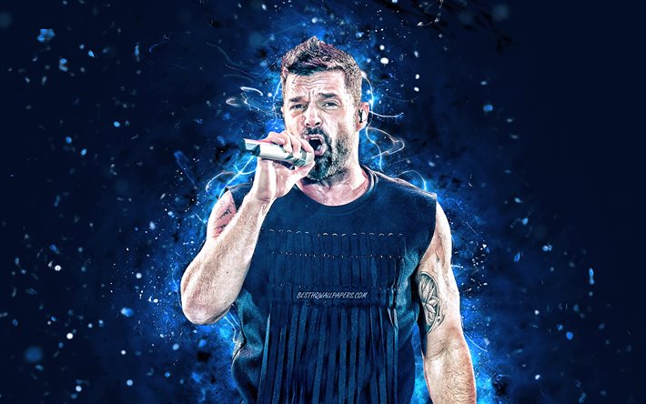 Ricky Martin, 4k, 2020, Puerto Rican laulaja, blue neon valot, musiikin t&#228;hdet, luova, Enrique Martin Morales, amerikkalainen julkkis, Ricky Martin 4K