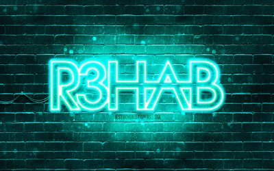 R3hab turquoise logo, 4k, superstars, dutch DJs, turquoise brickwall, R3hab logo, Fadil El Ghoul, R3hab, music stars, R3hab neon logo