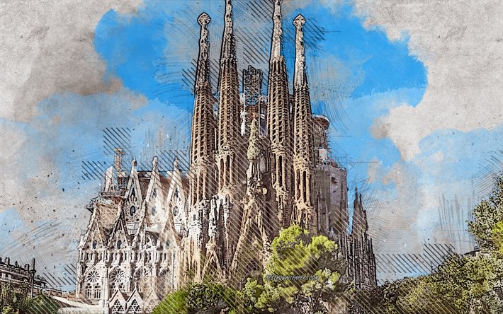 Sagrada Familia, Barcelona, Catalonia, Spain, grunge art, creative art, painted Sagrada Familia, drawing, Sagrada Familia grunge, digital art