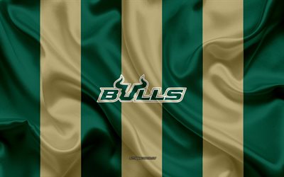 South Florida Bulls, American football team, emblem, silk flag, green-gold silk texture, NCAA, South Florida Bulls logo, Tampa, Florida, USA, American football, University of South Florida