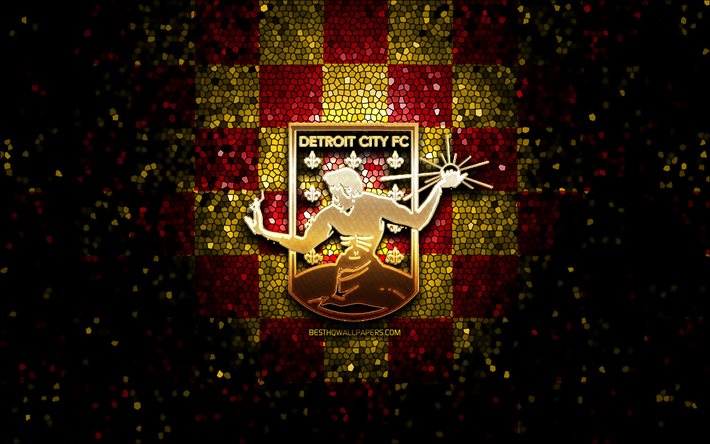 Detroit City FC, glitter logo, NISA, red yellow checkered background, USA, american soccer team, FC Detroit City, mosaic art, Detroit City logo, soccer, football, America