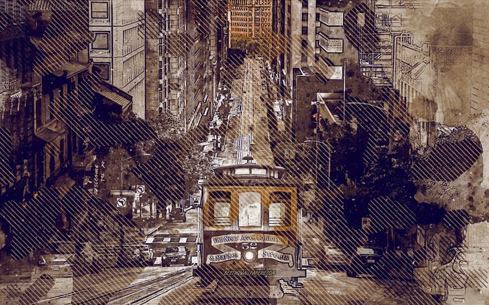 San Francisco, strada, tram, USA, grunge, arte, creativo, dipinto NeusSan-Franciscochwanstein, disegno, arte digitale, tram di San Francisco