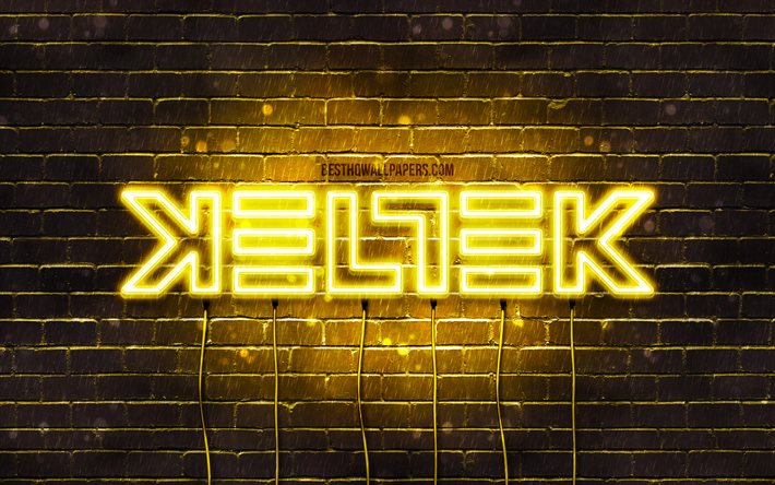 Keltek logo amarillo, 4k, superestrellas, holand&#233;s DJs, amarillo brickwall, Keltek logotipo, Keltek, estrellas de la m&#250;sica, Keltek de ne&#243;n logotipo