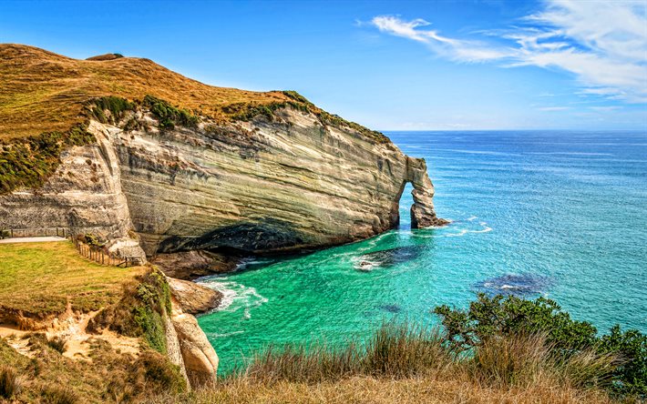 Cape Veda Arch, yaz, deniz, sahil, Puponga, Yeni Zelanda, HDR, g&#252;zel bir doğa