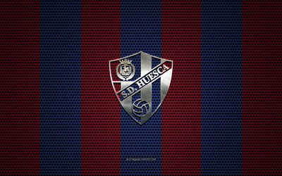 SD Huesca logotipo, club de f&#250;tbol espa&#241;ol, emblema de metal, azul-borgo&#241;a de malla de metal de fondo, SD Huesca, Arag&#243;n, Espa&#241;a, el f&#250;tbol, la Sociedad Deportiva Huesca