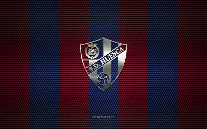 SD Huesca logo, Spanish football club, metal emblem, blue-burgundy metal mesh background, SD Huesca, Aragon, Spain, football, Sociedad Deportiva Huesca