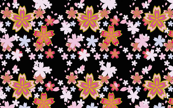 flowers on a black background, retro floral texture, floral background, retro flowers background, black flower texture