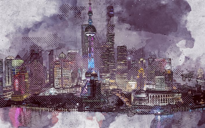 Şanghay, &#199;in, grunge sanat, yaratıcı sanat, Şangay, &#231;izim, Shanghai grunge, dijital sanat, Şangay şehir grunge, Oryantal İnci Kulesi grunge boyalı