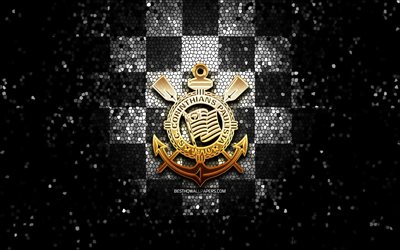 Corinthians FC, glitter logo, Serie A, black white checkered background, soccer, SC Corinthians Paulista, brazilian football club, Corinthians logo, mosaic art, football, Brazil