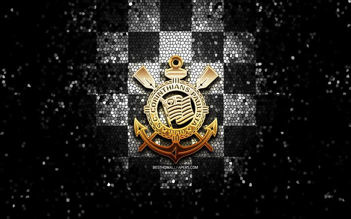 O Corinthians FC, glitter logotipo, S&#233;rie, preto branco fundo quadriculado, futebol, SC Corinthians Paulista, brasileiro de clubes de futebol, O Corinthians logotipo, arte em mosaico, Brasil
