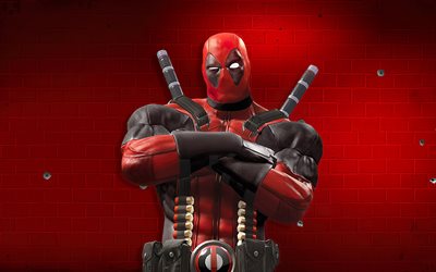 Deadpool, 3D art, red brickwall, artwork, superheroes, Marvel Comics, Cartoon Deadpool