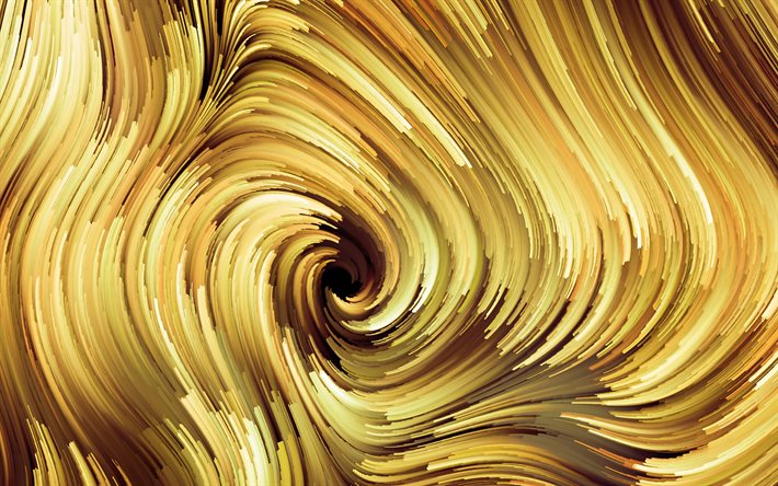keltainen py&#246;rre, 4k, abstrakti aallot, luova, kierre, abstrakti vortex, 3D art, vortex, fraktaalit, keltainen abstrakti tausta