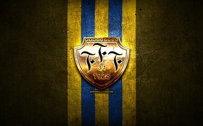 Falkenbergs FC, kultainen logo, Premiere league, keltainen metalli tausta, jalkapallo, Falkenbergs FF, ruotsin football club, Falkenbergs logo, Ruotsi