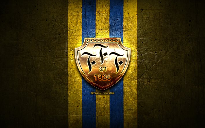 Falkenbergs FC, altın logo, Lig, sarı metal arka plan, futbol, FF, İsve&#231; Futbol Kul&#252;b&#252;, Falkenbergs logo, İsve&#231; Falkenbergs