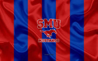 SMU Mustangs, Time de futebol americano, emblema, seda bandeira, vermelho-azul de seda textura, NCAA, SMU Mustangs logotipo, Dallas, Texas, EUA, Futebol americano, A Universidade Metodista Do Sul