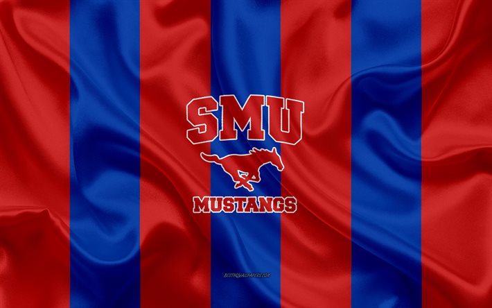 SMU Mustangs, Time de futebol americano, emblema, seda bandeira, vermelho-azul de seda textura, NCAA, SMU Mustangs logotipo, Dallas, Texas, EUA, Futebol americano, A Universidade Metodista Do Sul