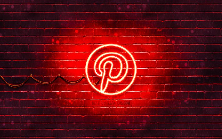 Pinterest logo rouge, 4k, rouge brickwall, Pinterest logo, les r&#233;seaux sociaux, Pinterest n&#233;on logo, Pinterest