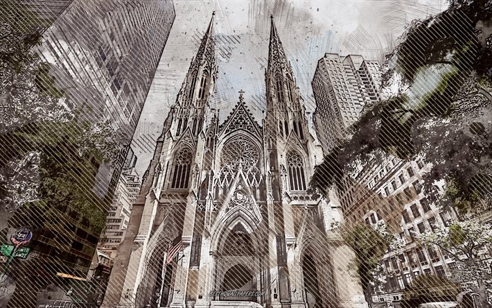 St Patricks Cathedral, Nova York, EUA, grunge arte, arte criativa, pintado de St Patricks Cathedral, desenho, St Patricks Cathedral grunge, arte digital, Nova York grunge