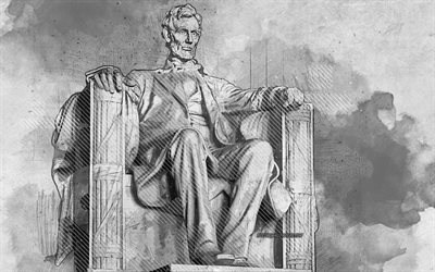 Abraham Lincolnin patsas, Washington, USA, grunge art, creative art, maalattu Patsas Abraham Lincoln, piirustus, Patsas Abraham Lincoln grunge, digitaalista taidetta