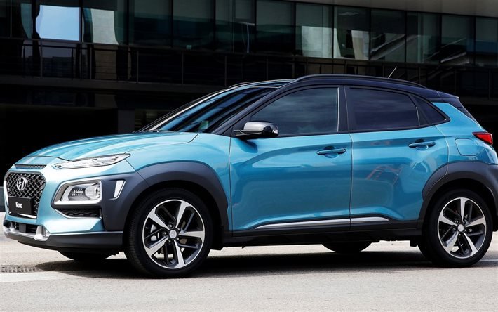 Kona Hyundai, 2018 autoja, jakosuotimet, sininen Kona, korealaisia autoja, Hyundai
