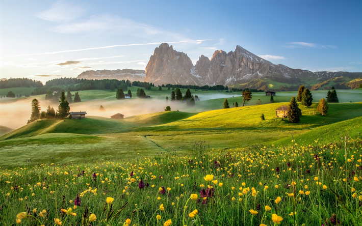 İtalya, dolomites, dağlar, &#231;ayır, sis, Alpler, Avrupa