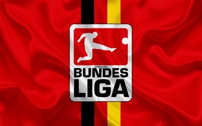 Bundesliga, 4k, logo, silk texture, German football league, emblem, Germany, red silk flag, German professional association football league
