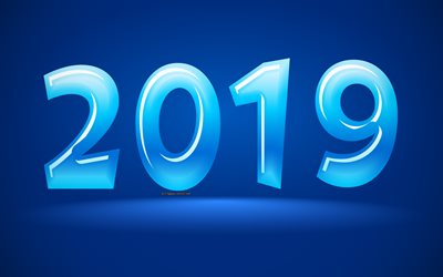 2019 Year, 4k, creative art, blue background, 2019 concepts, glass figures