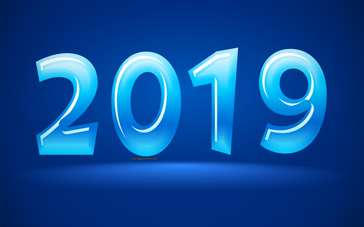 2019 Yılı, 4k, yaratıcı sanat, mavi arka plan, 2019 kavramlar, cam fig&#252;rler