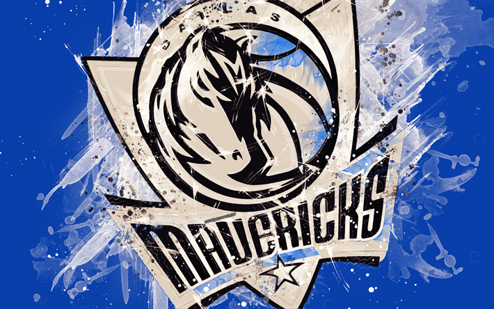 Dallas Mavericks, 4k, o estilo grunge, logo, americano de basquete clube, fundo azul, pingos de tinta, NBA, emblema, Dallas, Texas, EUA, basquete, Confer&#234;ncia Oeste, Associa&#231;&#227;o Nacional De Basquete