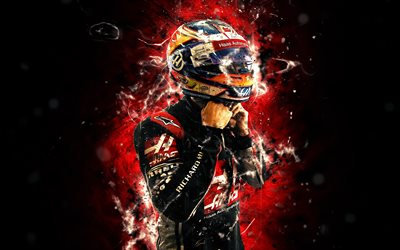 4k, Romain Grosjean, abstrakti taide, Formula 1, F1, Haas 2018, Haas F1 Team, Grosjean, neon valot, Formula, Haas