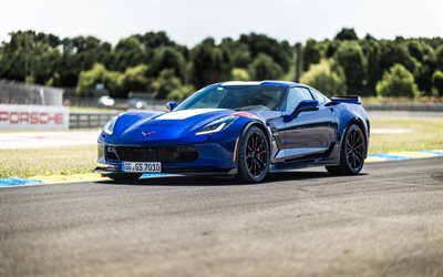Chevrolet Corvette Grand Sport, el 2018, el azul del coche de los deportes, exterior, pista de carreras, azul nuevo Corvette, el deporte Estadounidense coches, Chevrolet