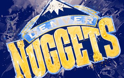 Denver Nuggets, 4k, o estilo grunge, logo, americano de basquete clube, fundo azul, pingos de tinta, NBA, emblema, Denver, Colorado, EUA, basquete, Confer&#234;ncia Oeste, Associa&#231;&#227;o Nacional De Basquete