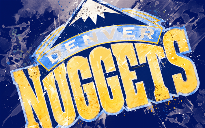 Denver Nuggets, 4k, grunge arte, logotipo, american club de baloncesto, fondo azul, las gotas de pintura, de la NBA, emblema, Denver, Colorado, estados UNIDOS, de baloncesto, de la Conferencia Oeste, Asociaci&#243;n Nacional de Baloncesto