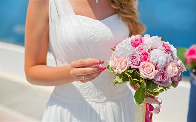 花嫁, 結婚, エンゲージリング, 白のウェディングドレスピンクの花束の結婚, サントリーニ, ギリシャ, 結婚式の概念, 夏