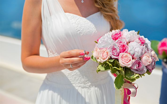 mari&#233;e, mariage, bague de fian&#231;ailles, la robe de mari&#233;e blanche rose bouquet de mariage, Santorin, Gr&#232;ce, mariage concepts, &#233;t&#233;