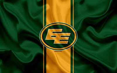Edmonton Eskimos, 4k, logo, textura de seda, Canadense de time de futebol, CFL, emblema, verde amarelo de seda bandeira, Edmonton, Alberta, Canada, Canadian Football League