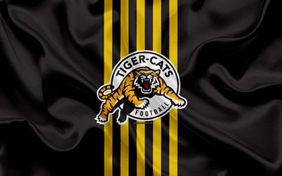 Hamilton Tiger-Katter, 4k, logotyp, siden konsistens, Kanadensisk fotboll, CFL, emblem, svart och gult silke flagga, Hamilton, Ontario, Kanada, Canadian Football League