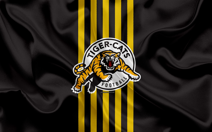 Hamilton Tiger-Cats, 4k, logo, silkki tekstuuri, Kanadalainen jalkapallo joukkue, CFL, tunnus, musta ja keltainen silkki lippu, Hamilton, Ontario, Kanada, Canadian Football League