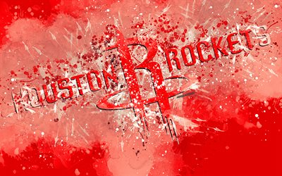 Houston Rockets, 4k, grunge, arte, logo, american club di pallacanestro, rosso, sfondo, schizzi di vernice, NBA, emblema, Houston, Texas, USA, basket, Western Conference, la National Basketball Association