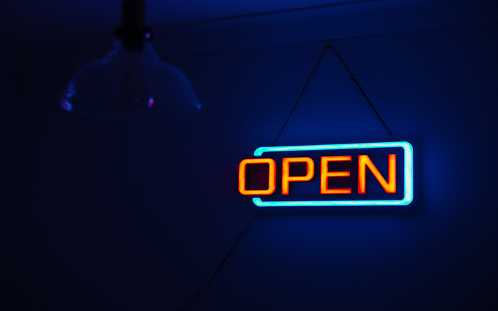 Open, neon sign, evening, light, neon, open concepts, blue background