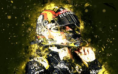 4k, Carlos Sainz, arte astratta, Formula 1, F1, Renault 2018, Renault Sport Team di Formula Uno, Sainz, luci al neon, Formula Uno, Renault