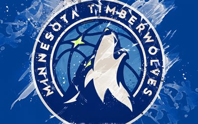 Minnesota Timberwolves, 4k, grunge sanat, logo, Amerikan basketbol kul&#252;b&#252;, mavi grunge arka plan boya sı&#231;raması, NBA, amblem, Minneapolis, Minnesota, ABD, basketbol, Batı Konferansı, Ulusal Basketbol Birliği