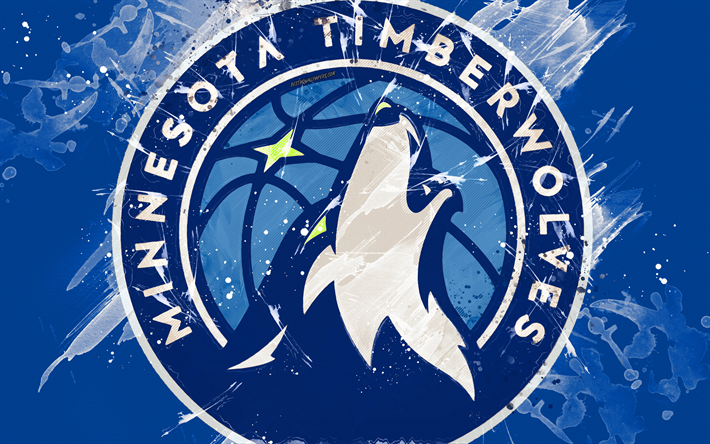 Minnesota Timberwolves, 4k, grunge art, logo, american club de basket-ball, bleu grunge fond, les &#233;claboussures de peinture, de la NBA, embl&#232;me, Minneapolis, Minnesota, &#233;tats-unis, le basket-ball, la Conf&#233;rence de l&#39;Ouest, de la Na